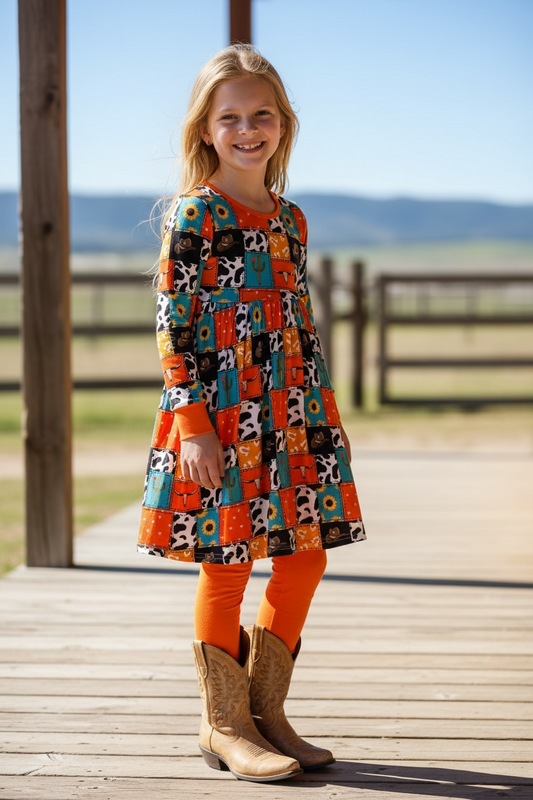 Orange western dress and leggings