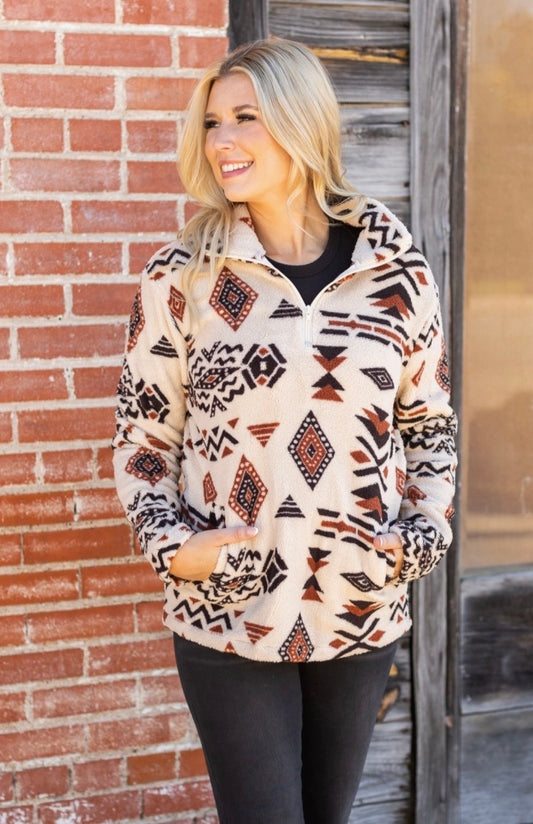 PREORDER- Western Tribal Sherpa Pullover Top Blouse